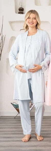 Bone 5905 Kadın Lohusa Viskon Klasik 3'lü Pijama Takımı - 6