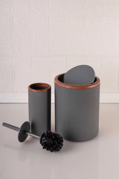 Ahşap Desenli Sallanır Kapak Çizgili Banyo Çöp Kovası Fırça Seti Gri - Resim 2