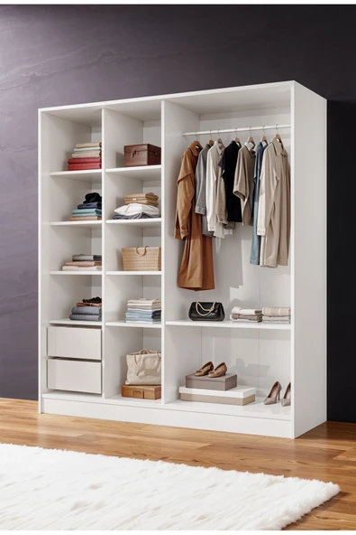 AEKA Ae-4001 Zambak Sürgülü Dolap Çok Raflı Çekmeceli Askılı Beyaz Kasalı (Sonomo Kapaklı)  Gardırop - Resim 5