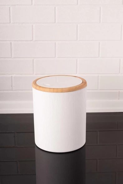 Ahşap Desenli Sallanır Kapak Çizgili Banyo Çöp Kovası Fırça Seti Beyaz - 4