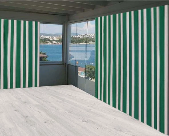Ceylan Home Balkon Perdesi Yeşil Beyaz Çizgili Bağcıklı 725x250