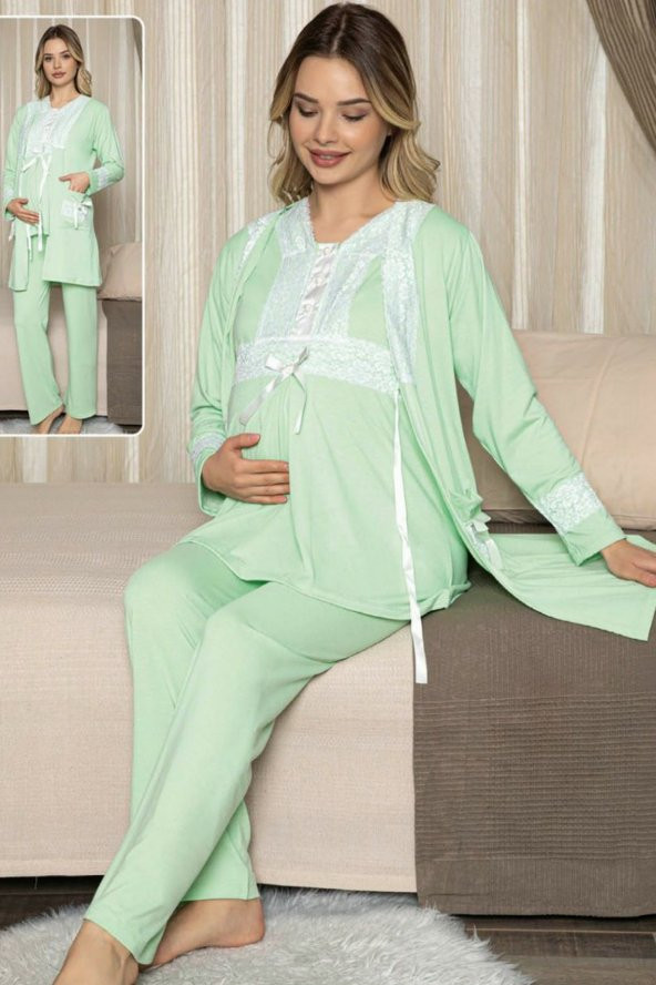 Kadın Açık Yeşil Lohusa Pijama Takımı Jenika 47076 - Jenika 3 lü Kadın Hamile Pijaması