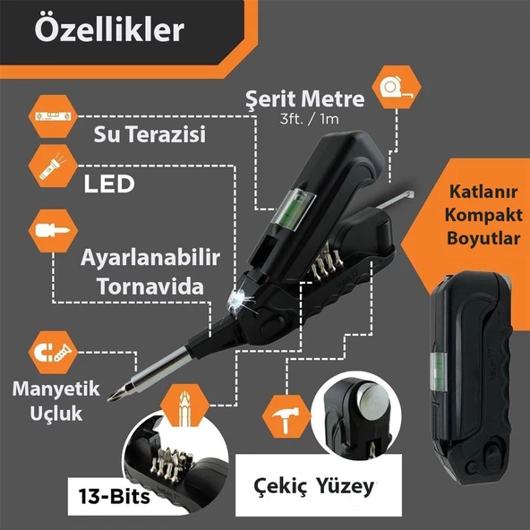 Kingsdun 13 i 1 Arada Metreli ve Terazili Çok Amaçli Ledli Tornavida Seti KS-870017 - 4