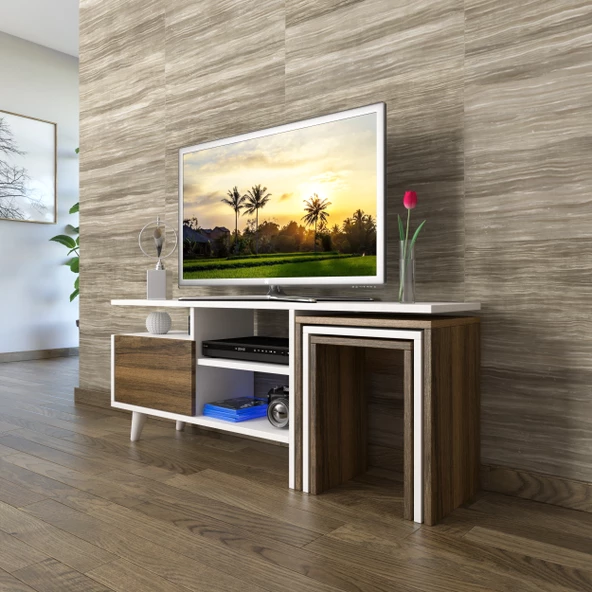 SmartHome Plus Serenat Zigonlu Tv Sehpası - Beyaz / Atlantik Çam