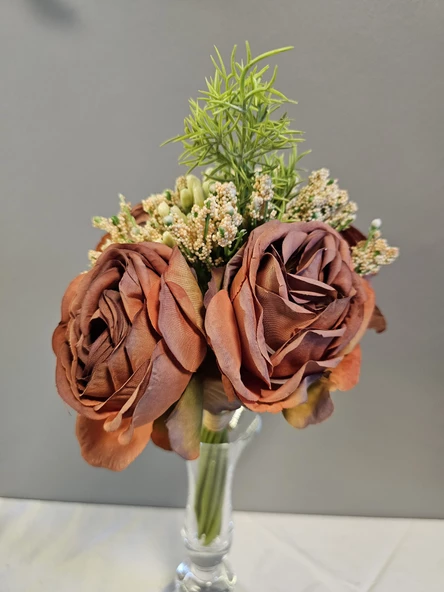 YASİMA bordoKahve Gelin Eli Gül Buketi Aranjmanlı El Buketi Nikah Kına Söz Gül Demeti 30cm - 3