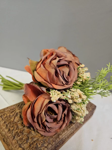 YASİMA bordoKahve Gelin Eli Gül Buketi Aranjmanlı El Buketi Nikah Kına Söz Gül Demeti 30cm - 4