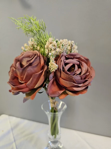 YASİMA bordoKahve Gelin Eli Gül Buketi Aranjmanlı El Buketi Nikah Kına Söz Gül Demeti 30cm