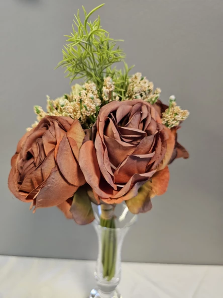 YASİMA bordoKahve Gelin Eli Gül Buketi Aranjmanlı El Buketi Nikah Kına Söz Gül Demeti 30cm - 2