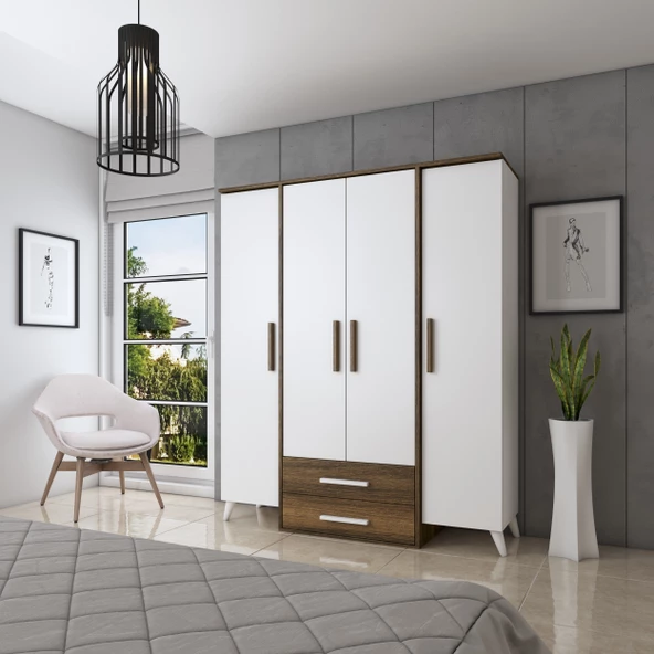 SmartHome Plus Sera 4 Kapaklı 2 Çekmeceli Gardırop - Atlantik Çam / Beyaz