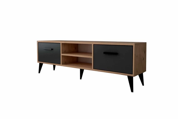 SmartHome Plus Melen 2 Çekmeceli 140 cm Tv Sehpası - Atlantik Çam / Siyah - 4