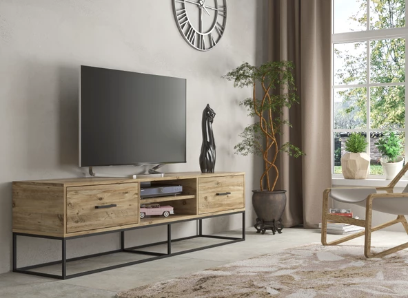 SmartHome Plus Limra Modern 140 cm Metalli 2 Çekmeceli Tv Sehpası - Atlantik Çam