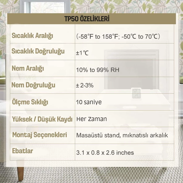 ThermoPro TP50 Termometre İç Mekan Dijital Isı ve Nem Ölçer - 2 Adet - 7