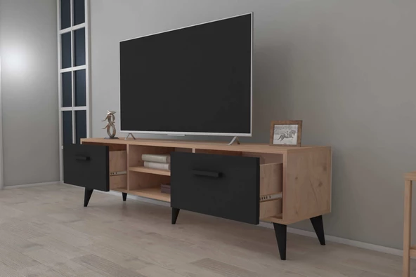 SmartHome Plus Melen 2 Çekmeceli 140 cm Tv Sehpası - Atlantik Çam / Siyah - 3