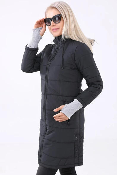 Kapüşonlu Eldiven Detaylı Kışlık Kadın Şişme Mont - 4