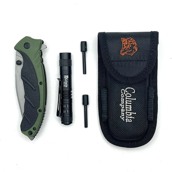 Columbia Company FST-3070-B Kamp Bıçağı Seti, Çakı, Fener ve Ateşleyici Magnezyum Çubuğu Üçü Bir Arada Yeşil - 2