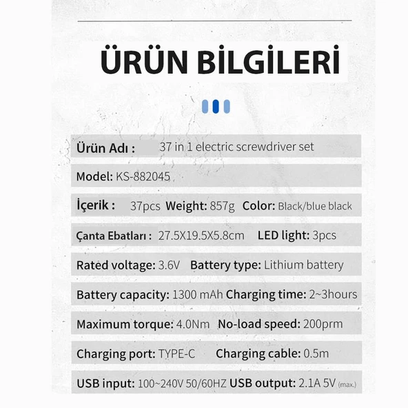 Kingsdun Sarjli Tornavida Seti 32 Parça Manyetik Uç 3.6V 1300mAH - 12
