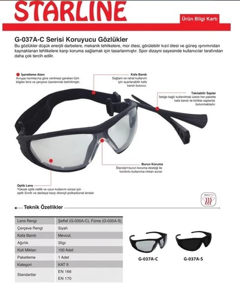 Starline Yüksek Kalite Şeffaf Koruyucu Gözlük G-037A-C - 2