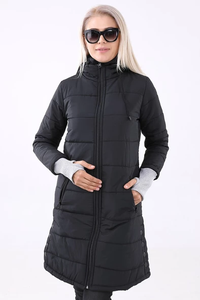 Kapüşonlu Eldiven Detaylı Kışlık Kadın Şişme Mont - Resim 5