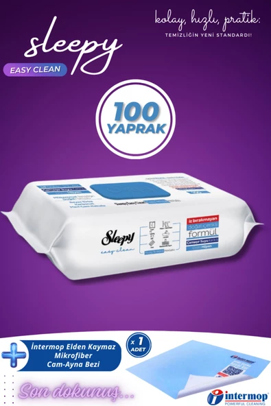 İntermop Sleepy Easy Clean Çamaşır Suyu Katkılı Yüzey Temizlik Havlusu 100 Yaprak + İntermop Slim Cam bezi