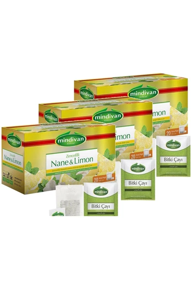 Mindivan Zencefilli Nane ve Limon Aromalı Karışık Bitki Çayı 1.5 gr x 20 Süzen Poşet (3 adet)