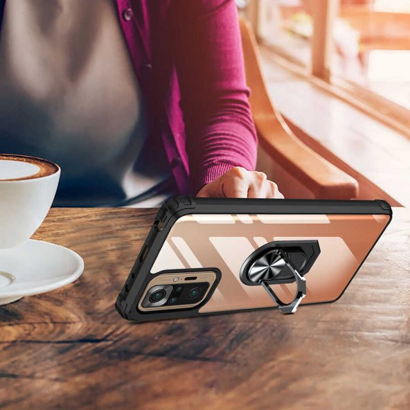 Ceponya Xiaomi Redmi Note 10 Pro Kılıf Şeffaf Manyetik Yüzüklü Zırh Silikon - 8