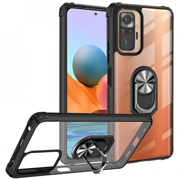 Ceponya Xiaomi Redmi Note 10 Pro Kılıf Şeffaf Manyetik Yüzüklü Zırh Silikon - 9
