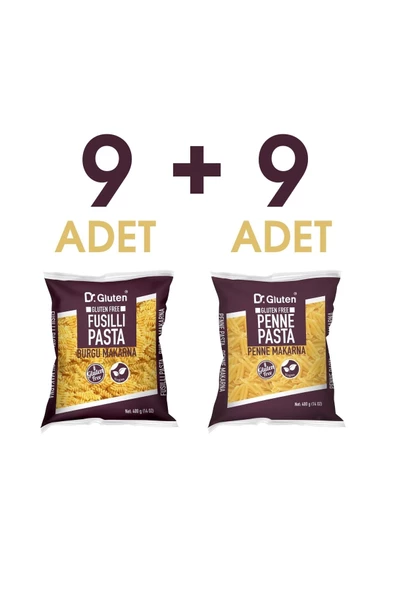 Dr.Gluten Glutensiz Burgu & Boru Makarna 18' Li Set (FUSİLLİ & PENNE) 400 gr X 9 9 Adet