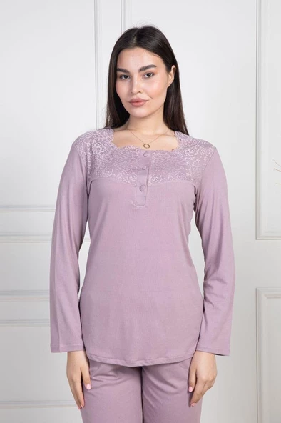 Mecit 6104 Bayan Gül Kurusu Büyük Beden Uzun Kollu Pijama Takımı - Resim 4