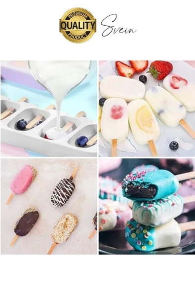 Premium 3'lü Silikon Magnum Şeklinde Dondurma Yapma Kalıbı Ahşap Çubuklu Buzluk Puding Kabı Pratik - 3