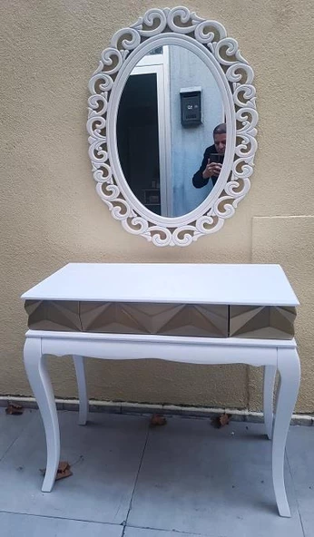 Dresuar Piramit Model 90520 Kayın Lükens Ayak Nakış Ayna Piramit Tabla Gold Beyaz - Resim 9