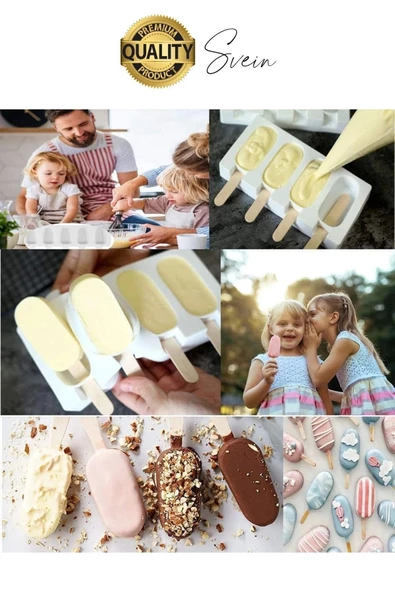 Premium 3'lü Silikon Magnum Şeklinde Dondurma Yapma Kalıbı Ahşap Çubuklu Buzluk Puding Kabı Pratik - 5