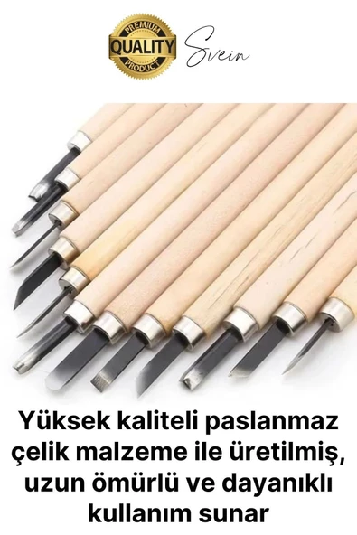 Premium Paslanmaz Ahşap El Oyma Bıçak Seti 12 Parça Siyah Uç İskarpela Hobi Profesyonel İşleme Aleti - 4