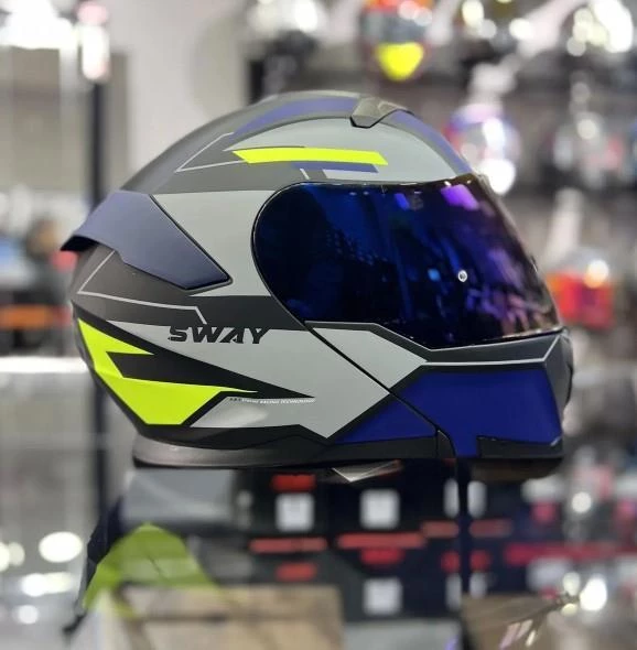 Sway 912 Full Face İridyum Vizör Çene Açılır Motosiklet Kaskı XL Beden B1 Blue+1 Şeffaf Vizör Hediye