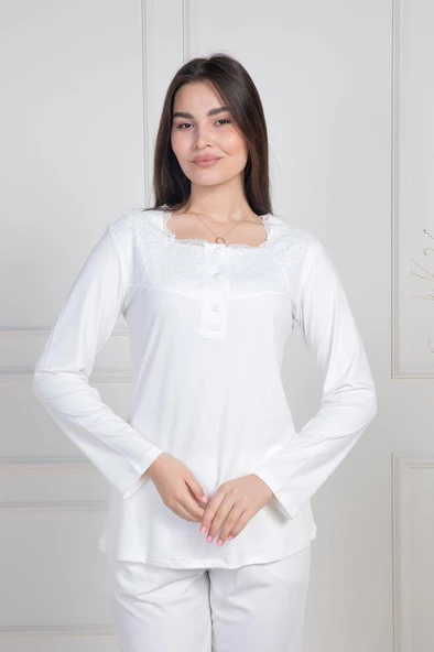 Mecit 6104 Bayan Ekru Büyük Beden Uzun Kollu Pijama Takımı - 4
