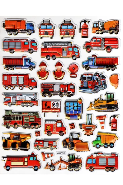 Sticker Kabartmalı Yaldızlı Stiker Çıkartma Etiket (YH020)-19x23 cm- itfaiye Arabası Dozer