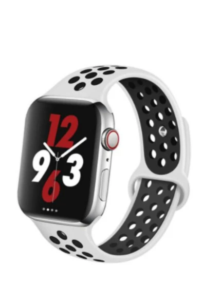SHOPLİNE Apple Watch Silikon Delikli Kordon Iwatch Uyumlu Kayış Seri 42mm/44mm - Beyaz Siyah - 2