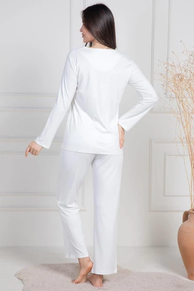 Mecit 6104 Bayan Ekru Büyük Beden Uzun Kollu Pijama Takımı - 3