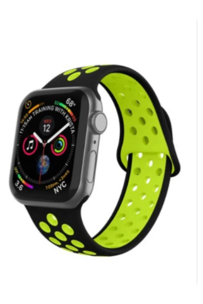 SHOPLİNE Apple Watch  Siyah Neon Yeşil Silikon Delikli Kordon Kayış 38 mm/40 mm - 2