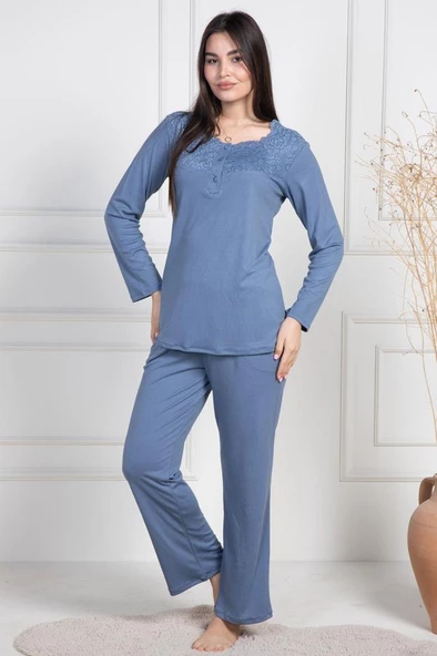 Mecit 6104 Bayan İndigo Büyük Beden Uzun Kollu Pijama Takımı - 2