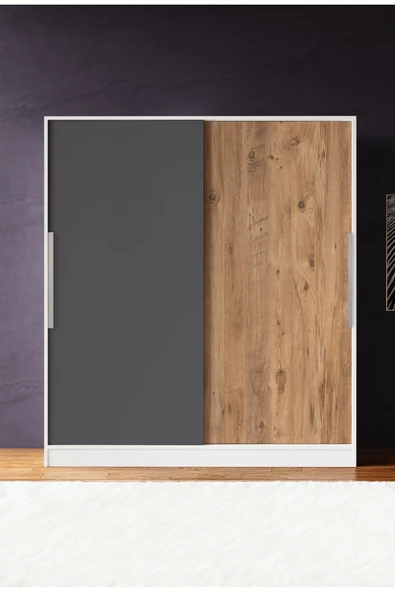 AEKA Ae-4001 Zambak Sürgülü Dolap Çok Raflı Çekmeceli Askılı Beyaz Kasalı (Gri-Çam Kapaklı)  Gardırop - Resim 4