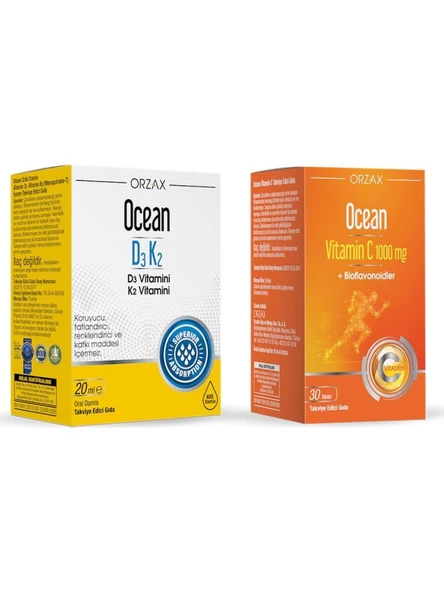 Orzax Ocean D3 K2 Damla 20 ml + Ocean Vitamin C 1000 Mg 30 Tablet - İKİLİ SET