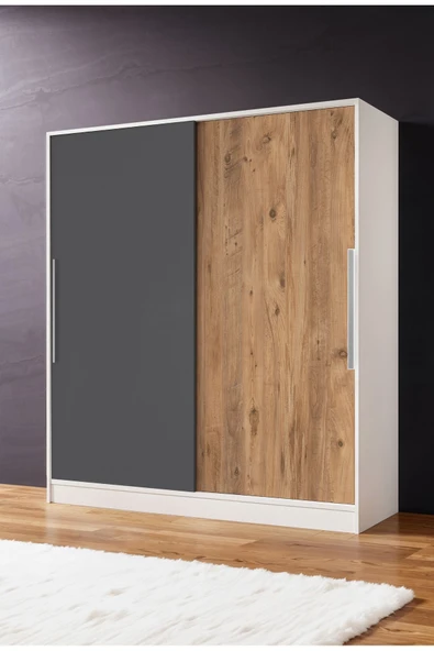 AEKA Ae-4001 Zambak Sürgülü Dolap Çok Raflı Çekmeceli Askılı Beyaz Kasalı (Gri-Çam Kapaklı)  Gardırop ürün görseli