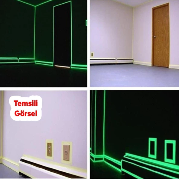 Gece Parlayan Fotolümen 7.5cm Yeşil Reflektörlü Fosforlu Reflektif Düz Şerit Bant İkaz Bandı 5 Metre - 4
