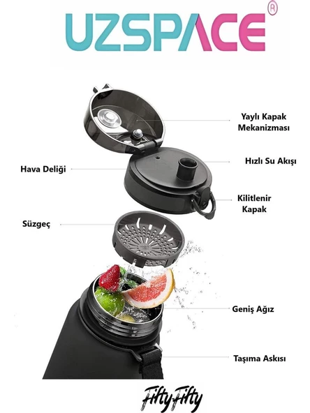 Uzspace 650 ML Kaydırmaz Gövde Taşıma Askılı Tritan Su Matarası Mavi - 2