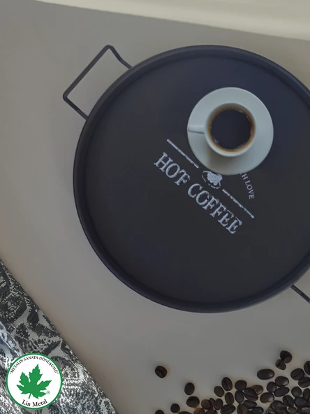 Lilya 27 cm Metal Tepsi, Tel Kulplu Yuvarlak Çay Tepsisi, Sunum Tepsisi, Tel Kulplu Kahve Tepsisi - Resim 3