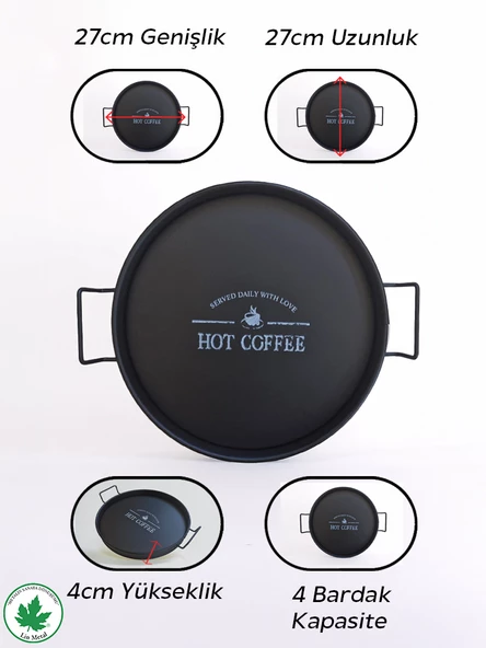 Lilya 27 cm Metal Tepsi, Tel Kulplu Yuvarlak Çay Tepsisi, Sunum Tepsisi, Tel Kulplu Kahve Tepsisi - Resim 4