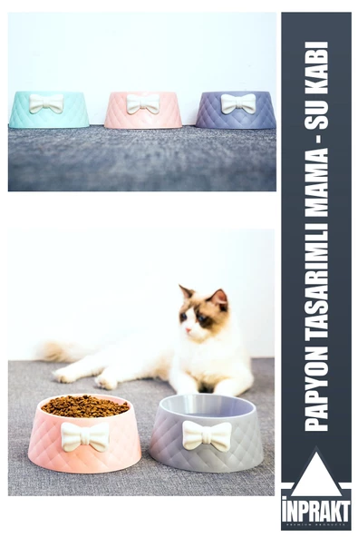 Papyon Tasarımlı Kedi ve Köpek Mama Su Kabı Tekli Kaydırmaz Ayaklı