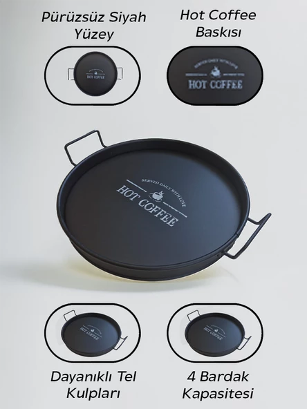 Lilya 27 cm Metal Tepsi, Tel Kulplu Yuvarlak Çay Tepsisi, Sunum Tepsisi, Tel Kulplu Kahve Tepsisi - Resim 5