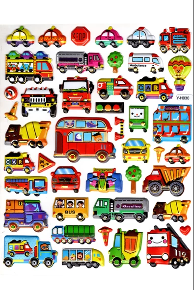Sticker Kabartmalı Yaldızlı Stiker Çıkartma Etiket (YH030)-19x23 cm- Sevimli Arabalar