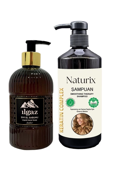 Naturix Amber Parfümlü Sıvı Sabun 475 ml + Tuzsuz Parabensiz Keratin Şampuan 600 ml - 2'li Set